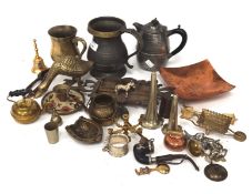 A collection of 19th century and later metalware, including a copper tray, brass animals,