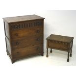 A mid century oak chest of drawers and a small blanket box, the chest with four long drawers,