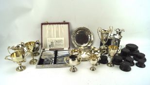 A collection of 20th century silver plate, including tropies, a fish cutlery set,