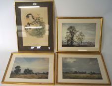 Four 20th century prints, one a study of a bird, the three others of landscapes,