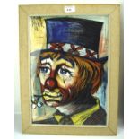 A contemporary painting of a clown holding a flower in his mouth, unsigned, 40cm x 28cm,