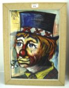 A contemporary painting of a clown holding a flower in his mouth, unsigned, 40cm x 28cm,