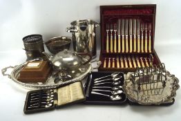 A collection of EPNS and other silver plate, including a canteen, toast rack, oval tray,