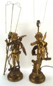 A pair of spelter lamp bases, one modelled as a gilt cherub, the other as a fairy, marked 'Alerte',