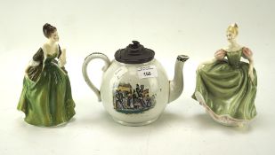 Two Royal Doulton figures and a 19th century tea pot, models 'Fleur' and 'Michele',