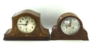 Two 20th century mantle clock, one being oak cased with Art deco motifs,