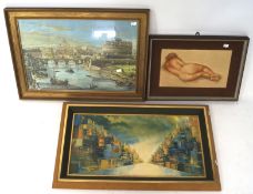 A group of three prints, two being landscapes, the other a reclining nude, all framed,