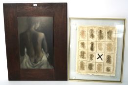 Two contemporary prints, one depicting a nude woman in black and white, 40cm x 60cm, framed,