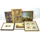 A collection of assorted pictures and prints, to include four needlework scenes depicting trees,