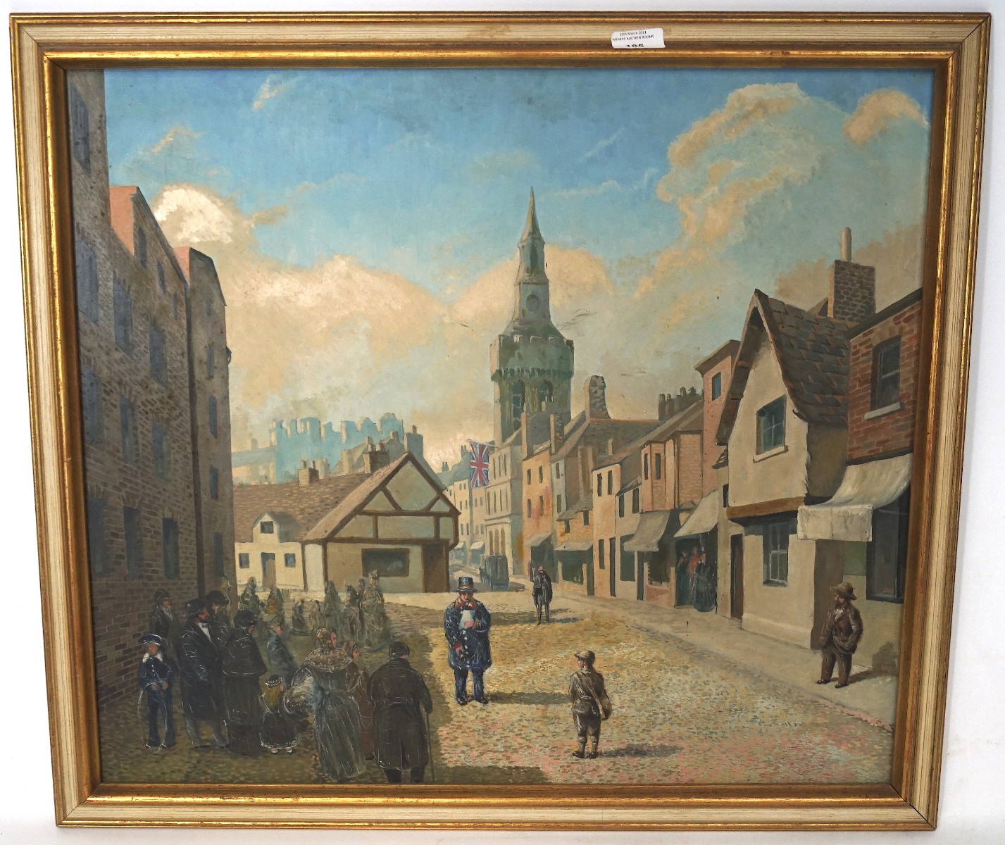 An oil on board scene depicting a 19th century street scene, framed,