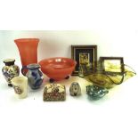 An assortment of wares, including coloured glassware, a USSR ceramic figure of a Hedgehog,