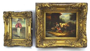 Two painted over prints, both in oil, one an oil on board featuring a man in a red coat, 16.