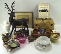 An assortment of collectables, to include two treen boxes, ceramic figural group depicting ducks,