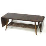 A stained darkwood Ercol coffee table, with drop leaf to each end, on turned supports,