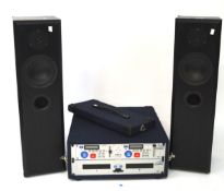 A pair of Eltax symphony 6 speakers and a CD player, the first 86cm x 23cm wide,