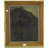 An oil on canvas after John Cornish, depicting two figures underneath an umbrella, unsigned, framed,
