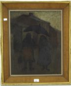 An oil on canvas after John Cornish, depicting two figures underneath an umbrella, unsigned, framed,