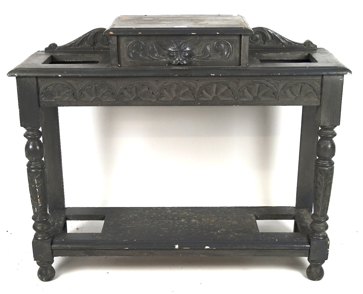 A grey painted stickstand, with two stick compartments,