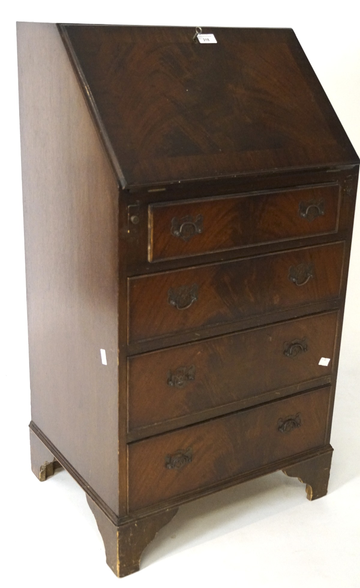 A small 20th century mahogany vaneered bureau,