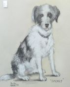 Three pastel sketches by Sheila Excell, all depicting dogs, one titled 'Jellicoe' and dated 73,