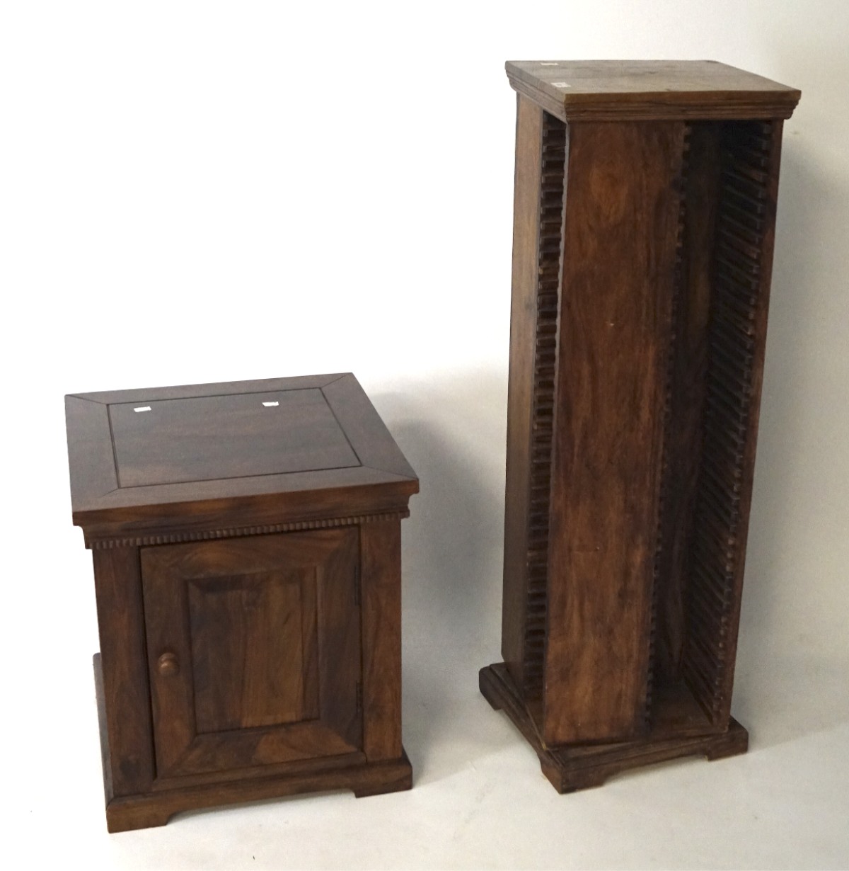 A hardwood rotating CD rack and a similar storage cupboard,