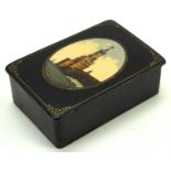 A mid century Russian lacquared box, of rectangular form, depicting a Russian cityscape,