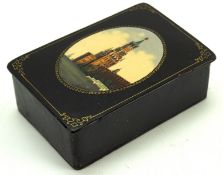 A mid century Russian lacquared box, of rectangular form, depicting a Russian cityscape,