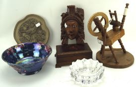 An assortment of collectables, including a wooden model of a spinning wheel, ceramic bowl,