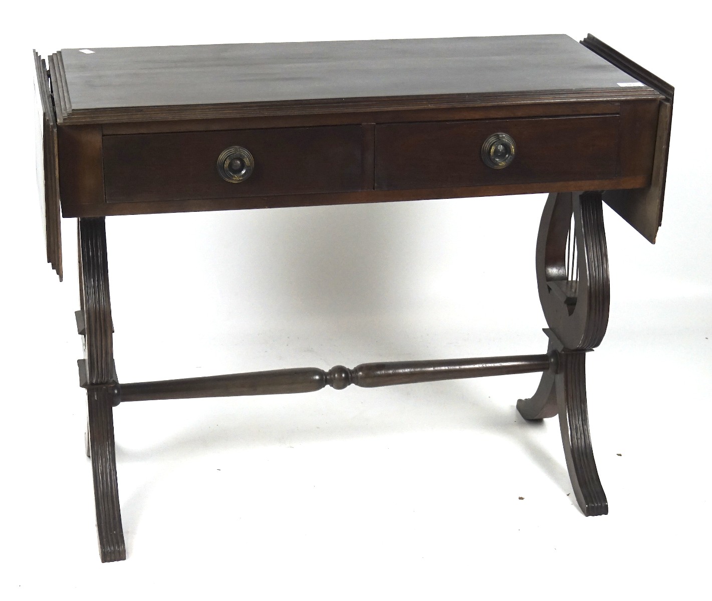 A 20th century stained wooden drop flat sofa table, with two short drawers to the front,
