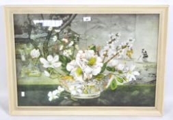 A contemporary print of an oriental scene, featuring a floral still life in a famille rose bowl,