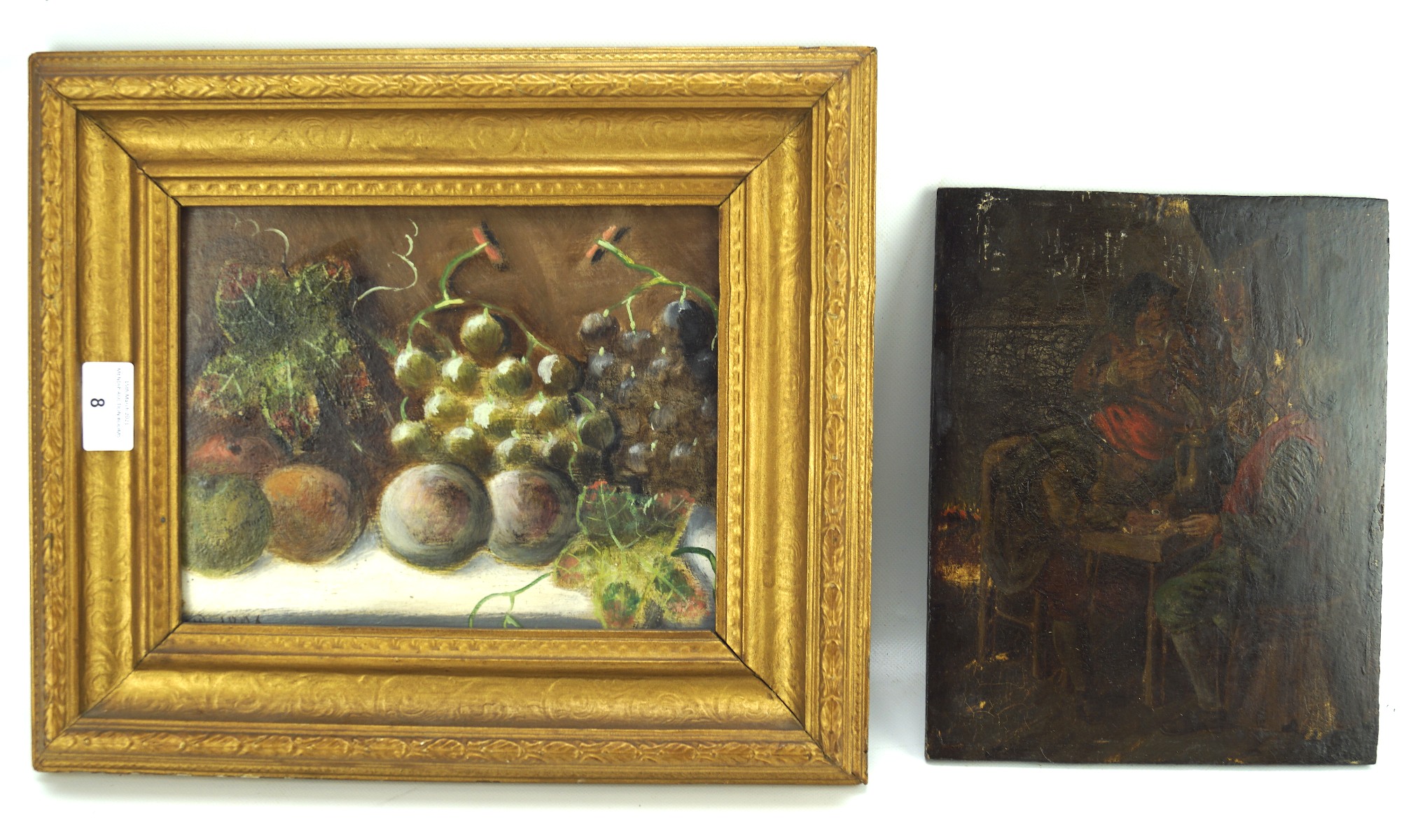 Two oil on board paintings, one a scene of three men socialising, 'Ostade' marked to verso, 25.
