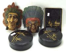 Two carved Indian figures and three Japanese lacquer wares, two being lidded boxes,