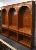 A large burr wood three section bookcase, each section in two halves,