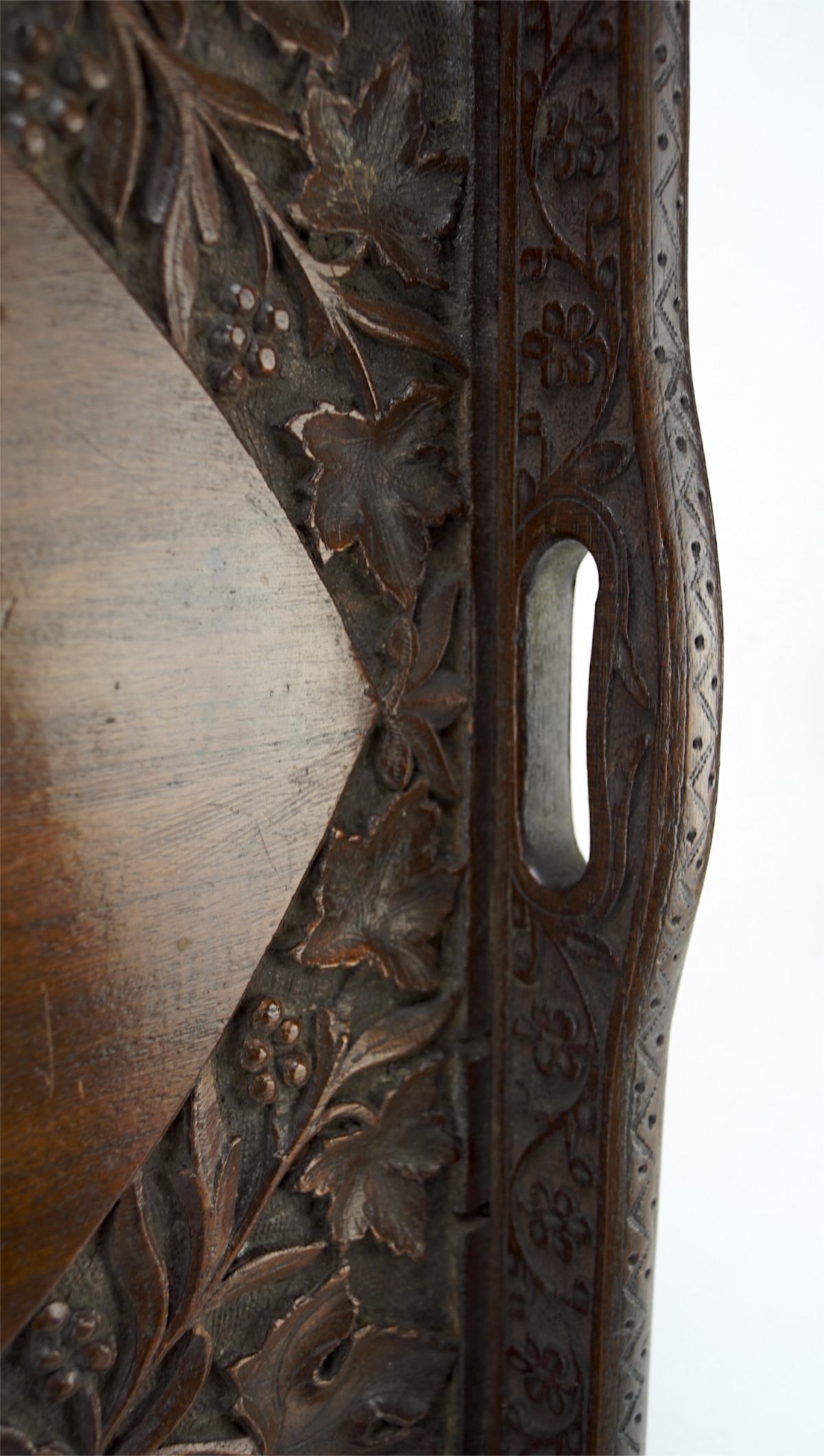 An early 20th century carved wooden butlers tray, with inlaid brass leaf motifs to the center, - Image 2 of 2