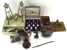 An assortment of metalware and collectables, including an Asian candlestick, two miniature easels,