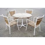 A set of garden furniture, comprising four teak and metal mounted chairs and matching table,