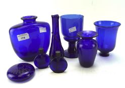 A collection of assorted blue coloured glassware, to include some Bristol blue examples, vases,