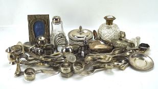 A collection of 19th & 20th century silbver plate, including pots, a toast rack, flatware,