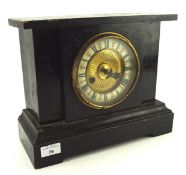 A late 19th century black painted mantle clock, the enamel dial with Roman numerals denoting hours,