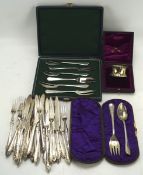 A selection of silver plated flatware, to include a cased napkin ring, cased christening set,