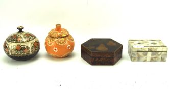 A collection of four continental boxes, one with mother of pearl inlay, another being papier mache,