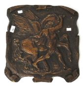 A carved wooden plaque, featuring a nude figure alongside a horse,