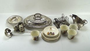 A selection of silver plated wares and commemorative ceramics, including toast rack, sauce ladle,