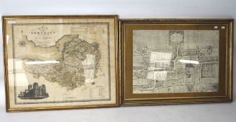 An engraved map of somerset and of Wells, the 'Plan of The City of Wells' by William Simes,