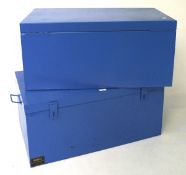 Two large blue painted metal storage boxes, each of rectangular form,