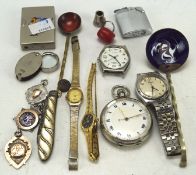 Assorted watches and silver, to include a silver open faced pocket watch, silver fob medals,