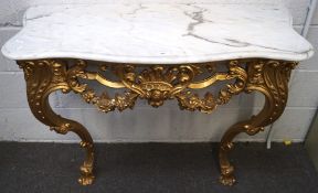 Ornate gilt hall table with marble top, 79.5cm x 105.5cm x 43.