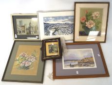 Assorted pictures and prints, to include a watercolour titled "Kilve Beach" by Brigid Aita,
