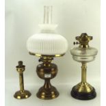 Two Dulplex oil lamps, one with cut glass reservoir,