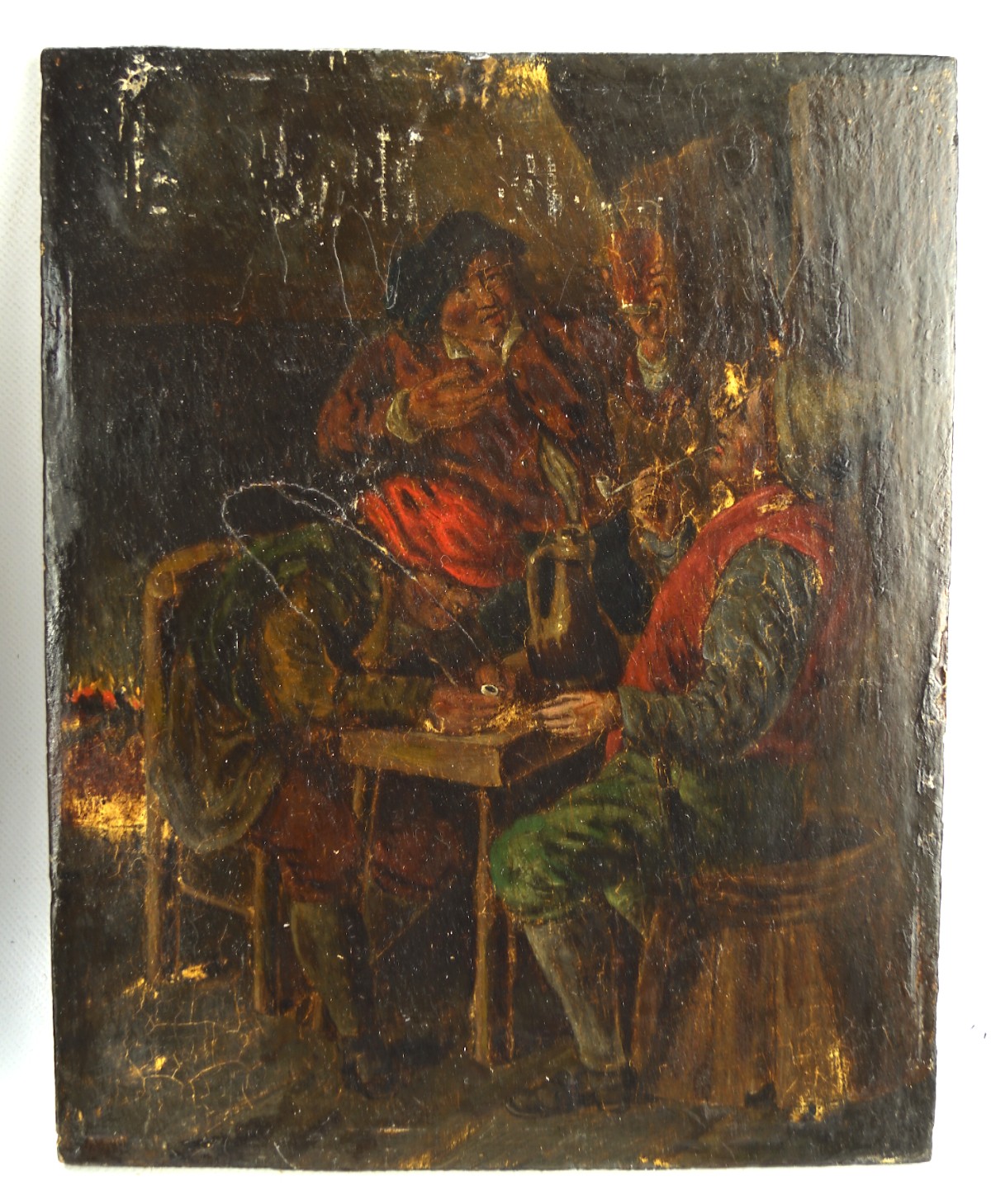 Two oil on board paintings, one a scene of three men socialising, 'Ostade' marked to verso, 25. - Image 2 of 2